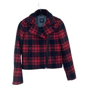 Gap Wool Blend Buffalo Red Plaid Moto Jacket Crop Biker Asymmetrical Zip Size XS